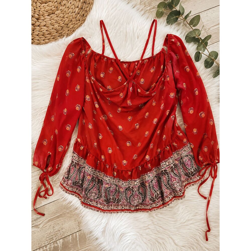 Sienna Sky NWT Boho Floral Paisley Peasant Blouse Red Tie Sleeve Women's Large